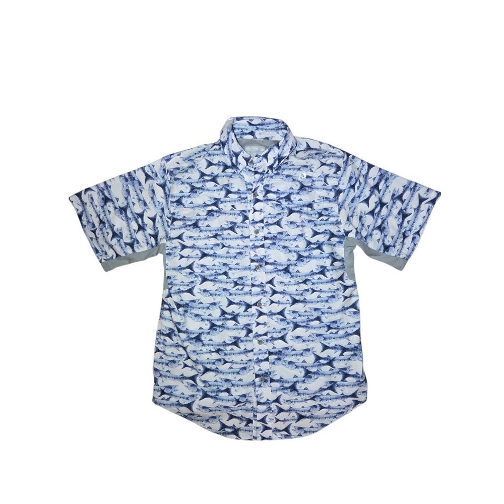 Reel Legends Mariner II Blue White Fish-Print Fishing SS Men's Button-Up Top S